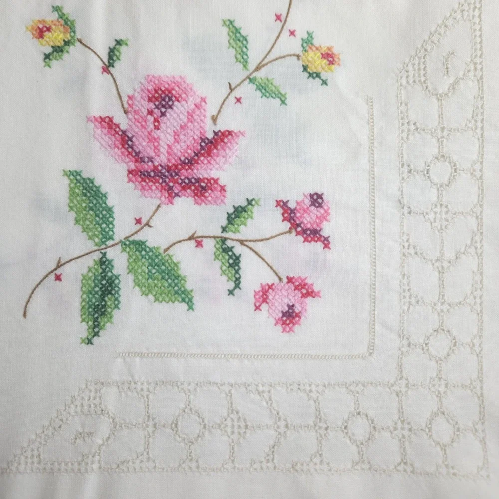Vtg Hand Embroidered Linen Tablecloth Cross Stitch Grandmillenial Shabby 62x96